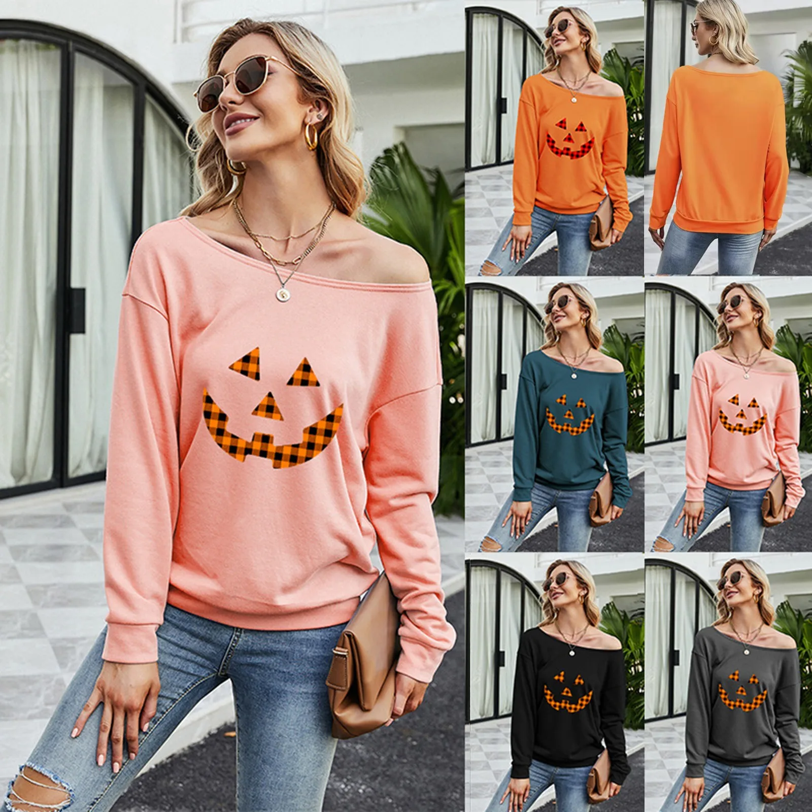 

Women Sweatshirt Hoodie Tops Off Shoulder Bat Skull Strapless Pumpkin Blouse Halloween Pullover Moletom Sudaderas