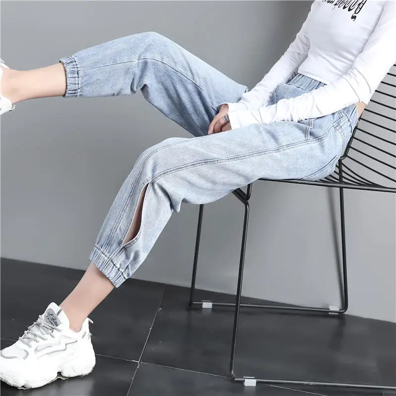 

2020 Slim Women Nine Points Harem Jeans Female Hollow Out Student Loose Soft Straight Casual Denim Pants
