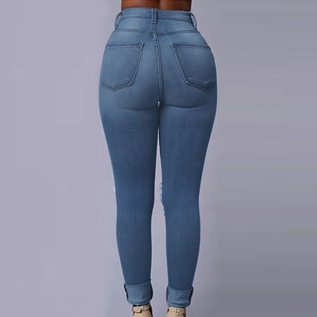 Женские джинсы с карманами и дырками размера плюс Сексуальные облегающие брюки