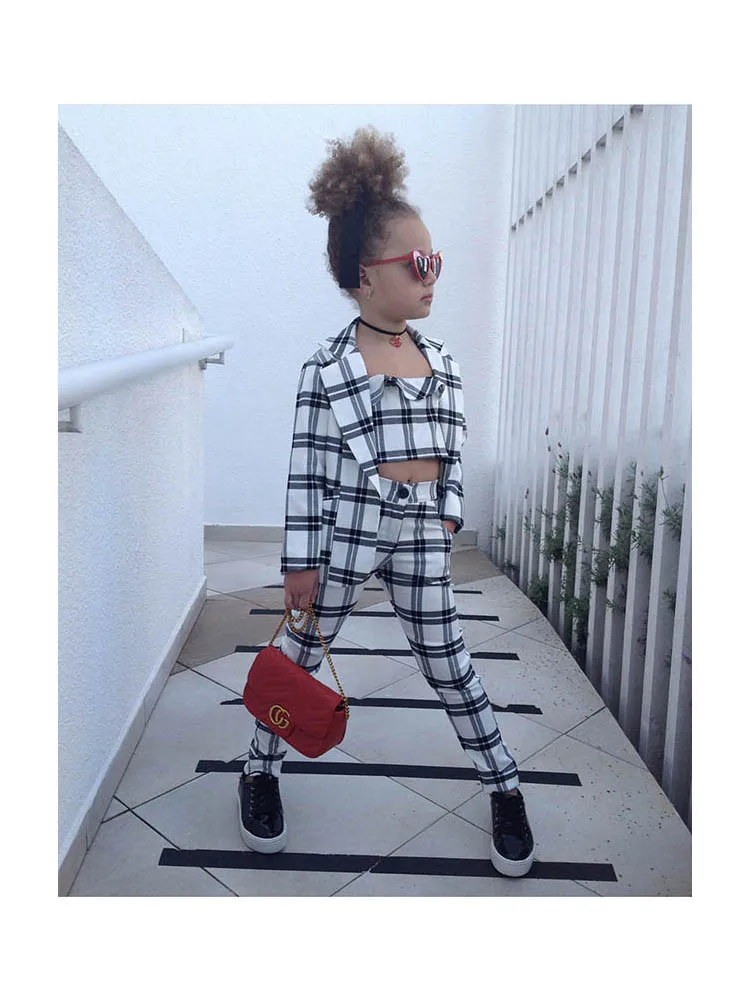 Children's Fashion Clothing Sets Plaid Vest+Coats+Pants 3pcs Plaid Suit Baby Girls Clothes Toddler Children Girl Kids Clothes