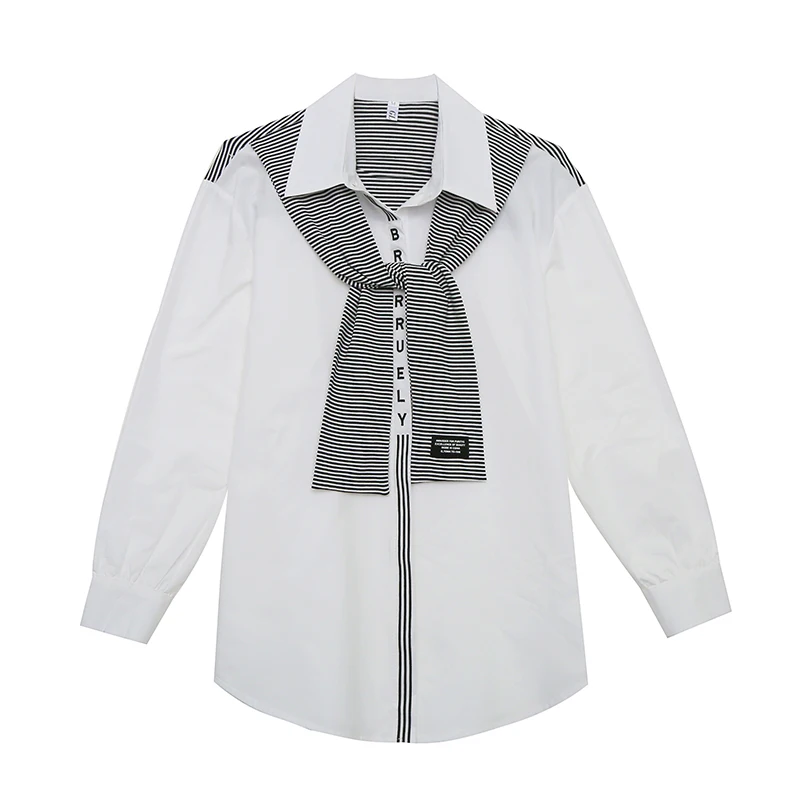

Embroidery Letter patchwork Turn down collar Bandage Shirt Women loose 2021 New Fashion long Sleeve Casual Lady Blouse White