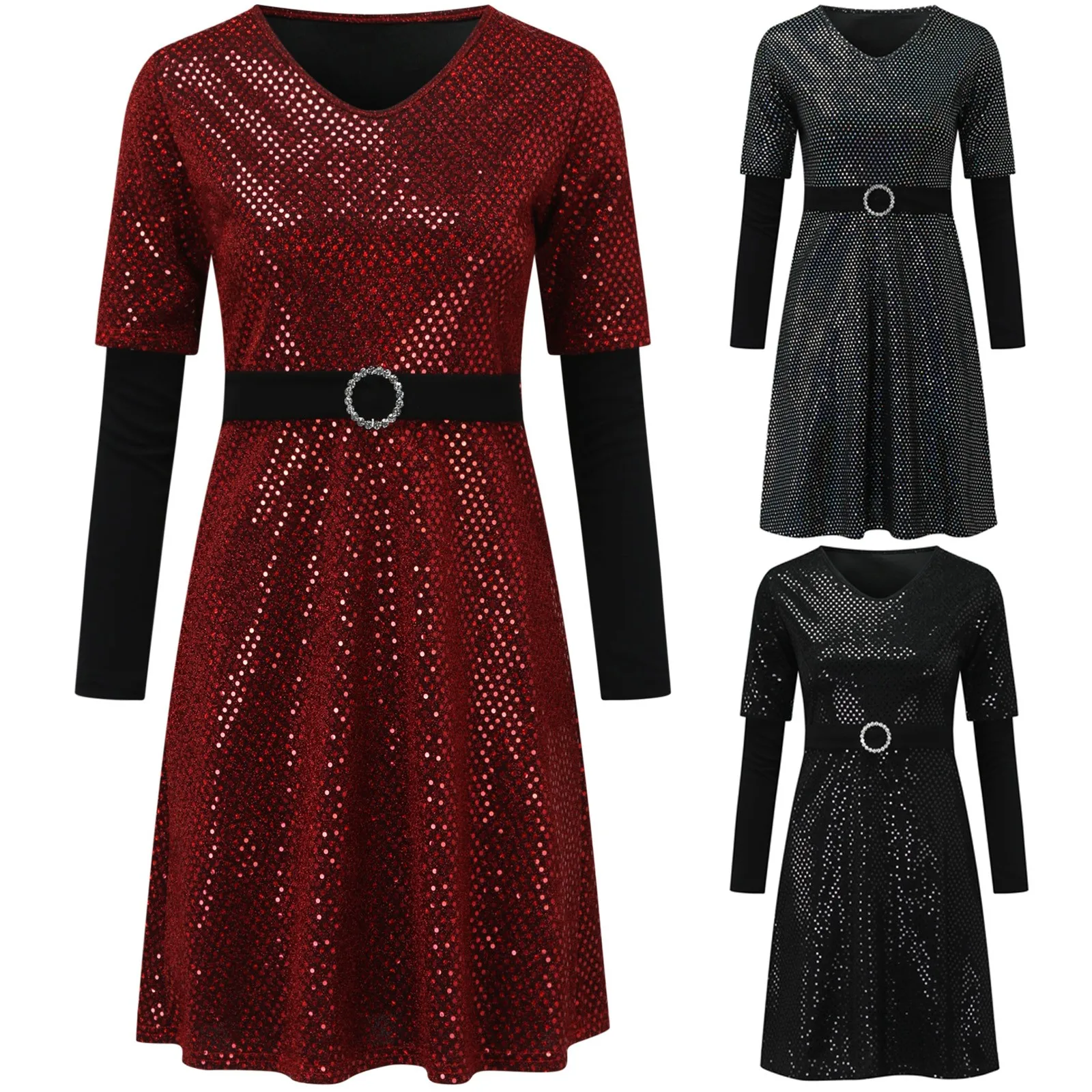 

Fashion Women Solid Colors Round Neck Long Sleeve Sequin A-line Dresses Elegant Casual Party Club Knee-length Dress Sukienki#g3
