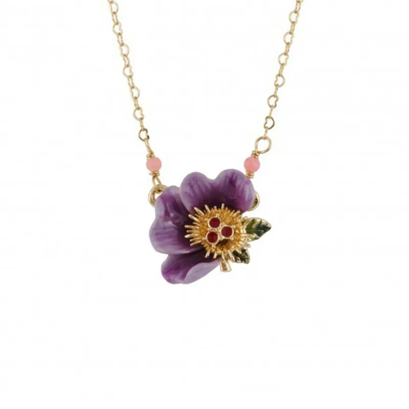 

European and American Petty Bourgeois Enamel Glaze Purple Peony Flower Necklace Clavicle Chain Female Sweet Fashion All-match