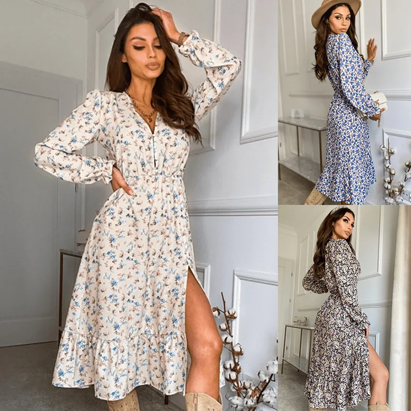 

Elegant Women's Long Dress Retro Floral Print Sexy V-neck Slit Dresses Japanese Style Sweet Lantern Long Sleeve Vestidos 2021 OL