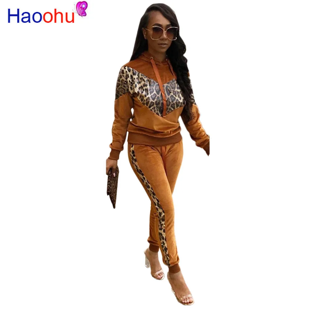 

Velvet Women Two Piece Set Leopard Printed Patchwork Hoodies Long Sleeve Sweatshirt + Slim Pants Suits Sporty Outfits Tracksuits