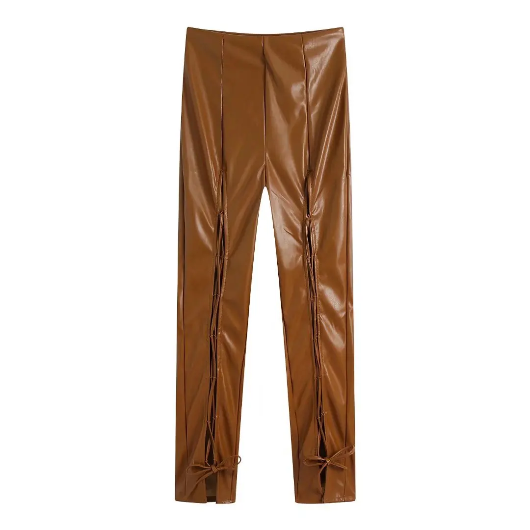 

Sherouse Women Fashion Faux Leather Trousers with Front Hollow Out and Ties Detail Side Zipper Chic Lady Casual Pants Female