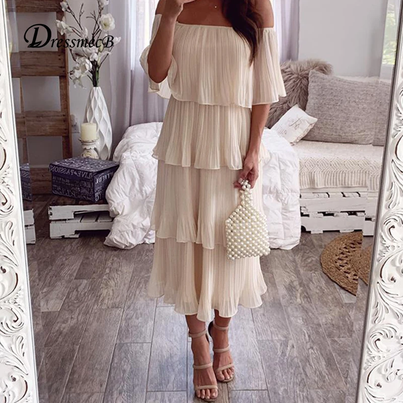 Женское длинное платье с каскадными оборками Повседневное открытыми плечами