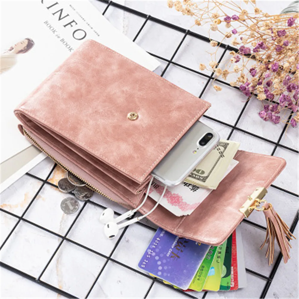 

Ladies Wallet Retro Oil Wax Leather Zip Bag Tassel Trend Shoulder Bag Multifunction Mobile Phone Bag Small Crossbody Phone Bag