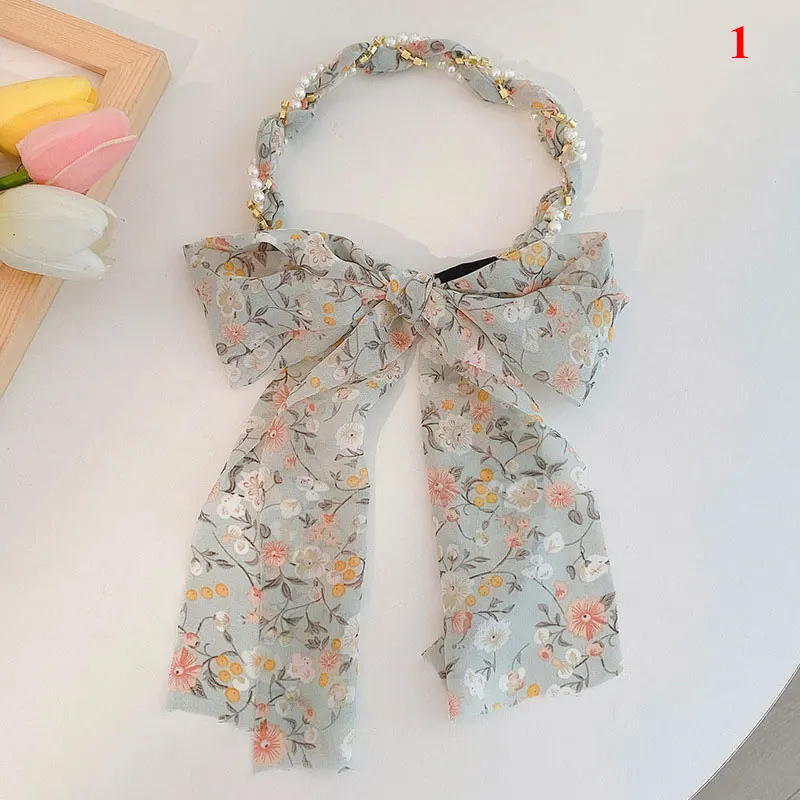 

Elegant Pearl Diamond Hair Band For Women DIY Braided Headband Floral Chiffon Big Bow Hair Ribbons Girls Sweet Hair Accessories