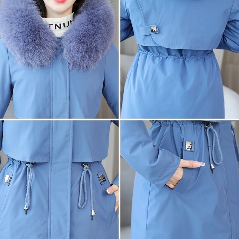Long Coat Women Thick Wool Liner Hooded with Fur Solid Zipper Ladies Casual Winter Jacket Warm Parka Outwear for Female 2021