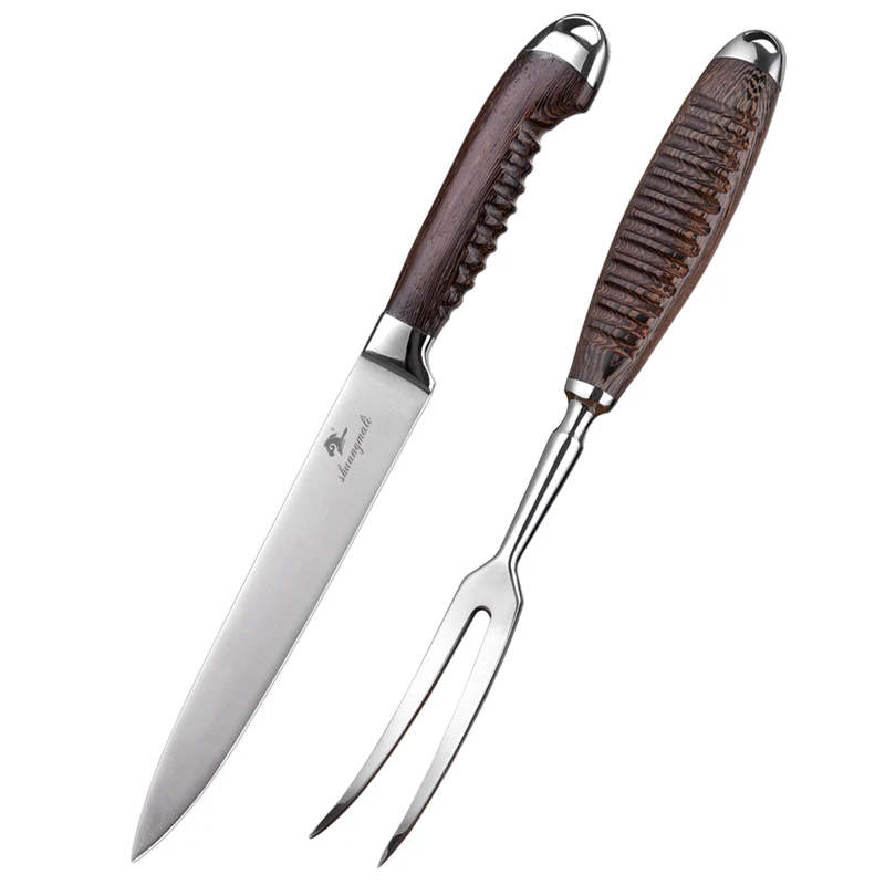 Shuangmali 2PC Roasting Fork Knife Set 5Cr15Mov Stainless Steel Barbecue Carving BBQ Meat Cutting Tool Wenge Wood Handle Cleaver - купить по
