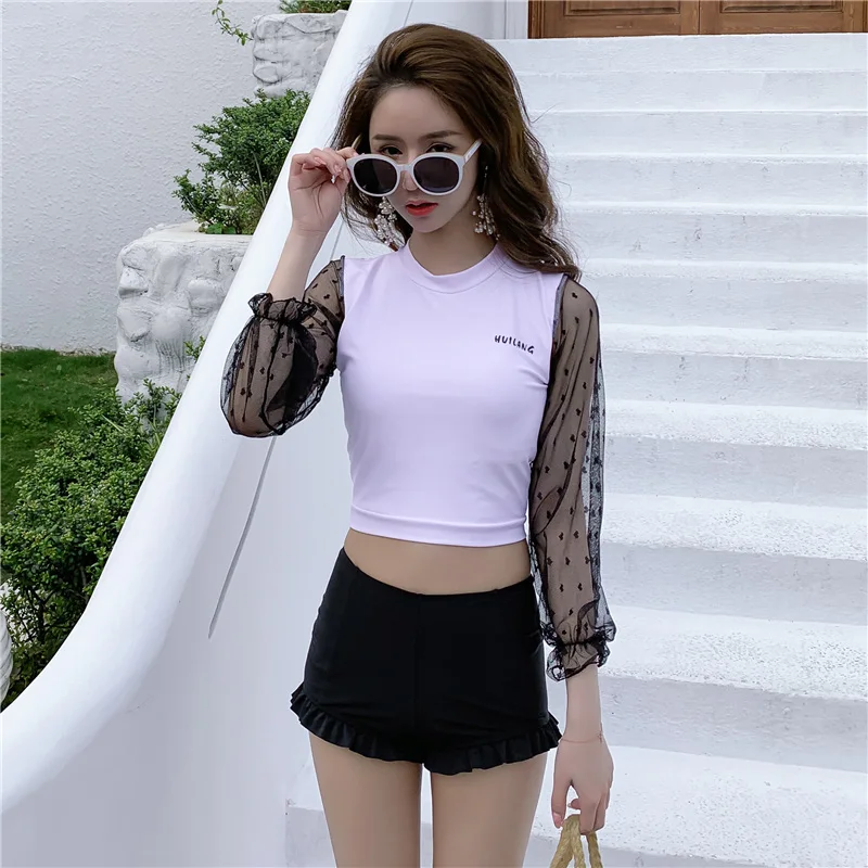 

Mesh Long Sleeve Tankini Set Sport Bodysuit Push Up Swimwear Ruffle Boyshort Swimsuit Beach Sunbath Suit Sexy Bikini Women