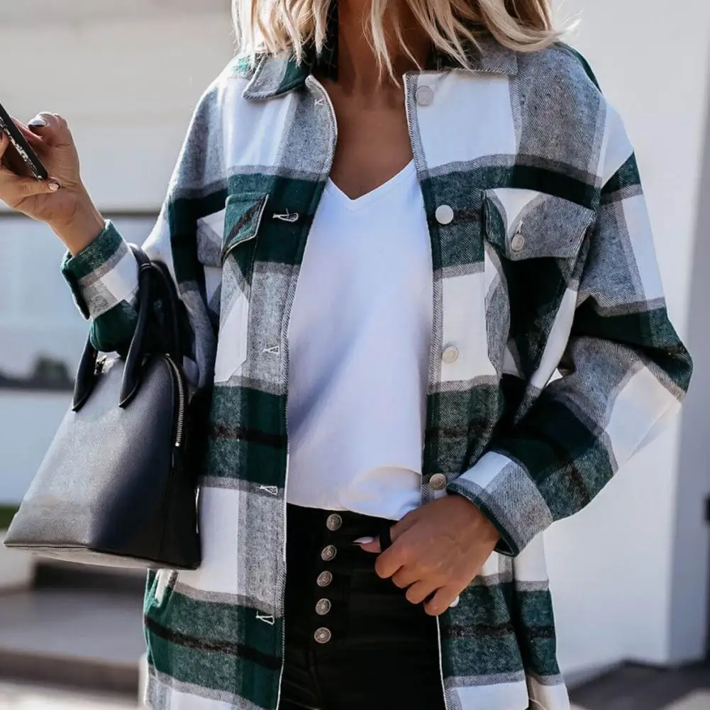 

Autumn Vrouwen Plaid Turn-down Collar Jacket Long Sleeve Single-breasted Coat 2021Casual Retro Elegante Top Streetwear RopaMujer