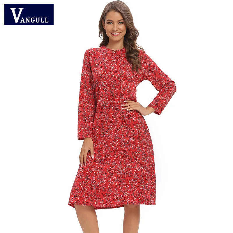 VANGULL винтажное платье с принтом мягкое эластичное средней длины воротником