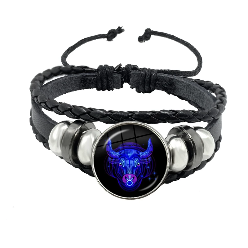 12 Constellations Bracelet Personality Rope Black Button Leather Glass Male Female Fashion Accessories Gift | Украшения и