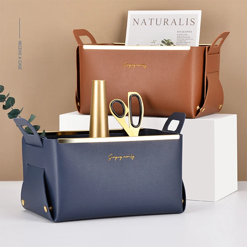 

Hot Sale PU Leather Desktop Storage Box, Large Capacity Folding Cosmetics Case Holder Tidy Organizer witn Handle