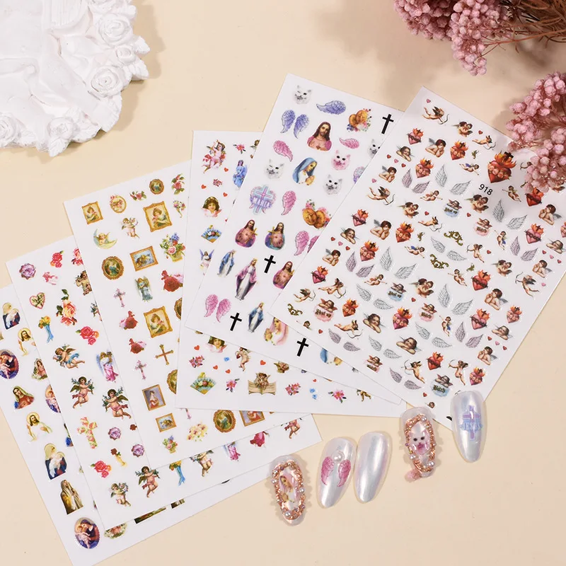 

6Pcs Nail Art Sticker Angel Pattern Nail Stickers Cupid Baby Love Flower 3D Adhesive Decals For Acrylic DIY Nail Design Supplies