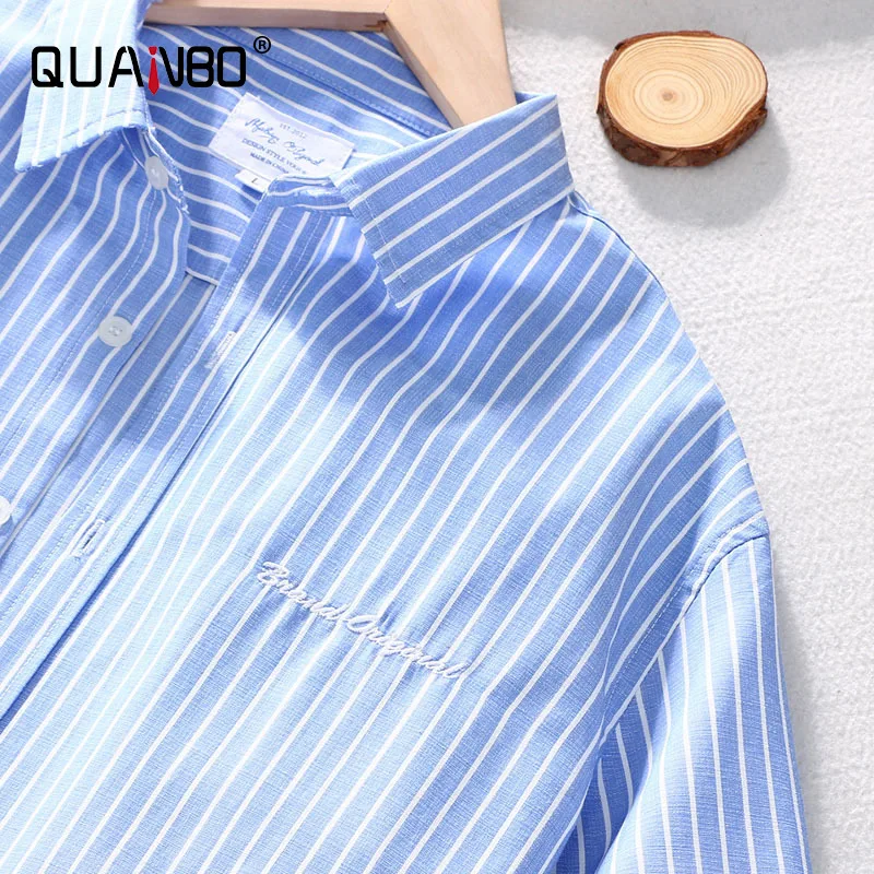 

QUANBO Men's Slim-Fit Short-Sleeve Cotton Blend Shirt 2021 Summer New Arrivals Thin Comfortable Fashion Striped Casual Shirts