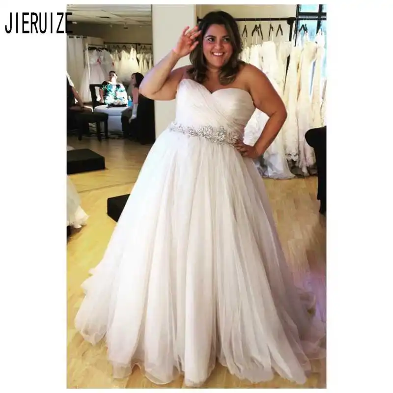 

JIERUIZE Plus Size Tulle Wedding Dresses Sweetheart Pleat Crystal Sashes Backless Boho Bridal Gowns A Line vestido de noiva