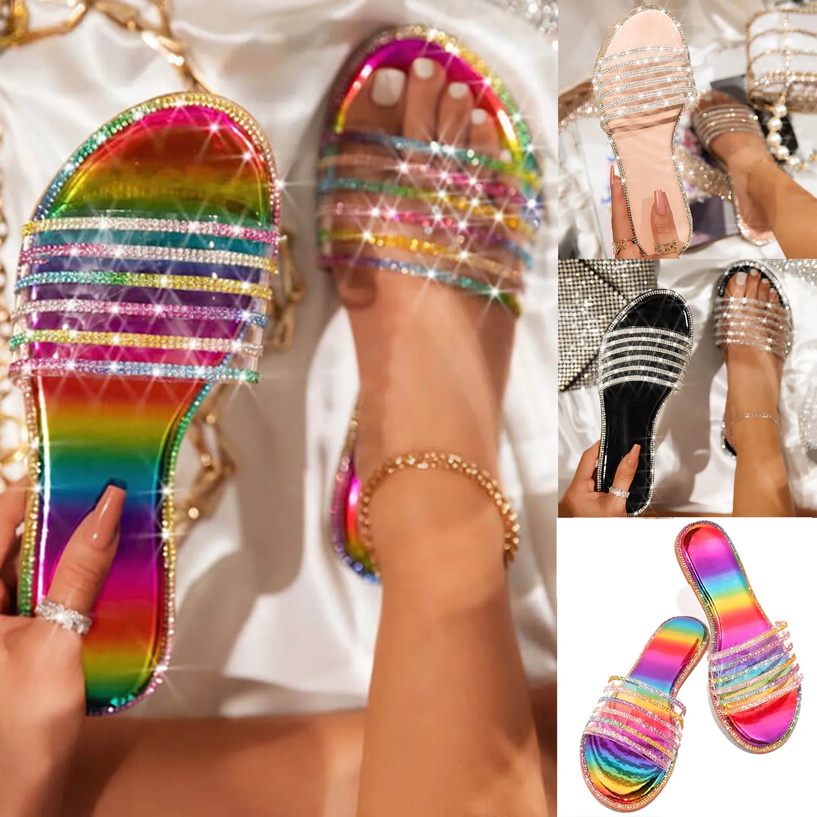 

Ladies Summer Fashion Casual Flat Retro Slippers Crystal Shoes Sandals Casual Sandals Women Beach Flip Flops Jelly Shoes