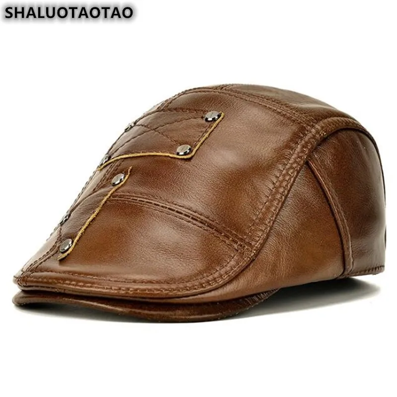 

Men's Leather Hat Genuine Leather Hat Autumn Winter Cap Fashion Cowhide Thermal Berets Brands Earmuffs Snapback Peaked Caps