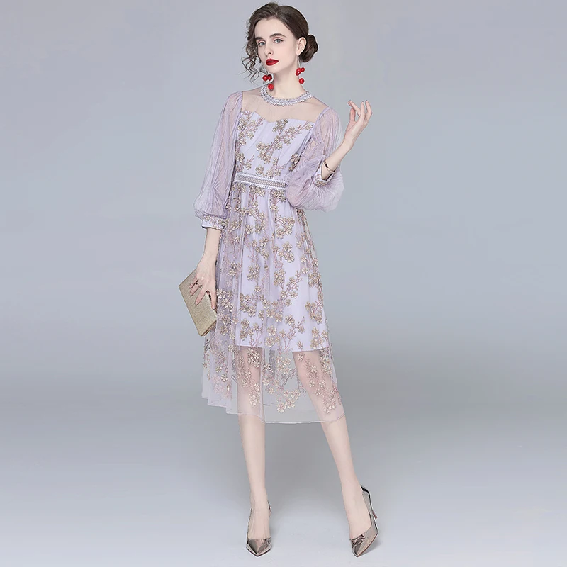 

Summer Designer Women See Through Lace Lantern Sleeve Wedding Party Robe Elegant Vintage Lady Mesh Embroidery Dress Vestidos