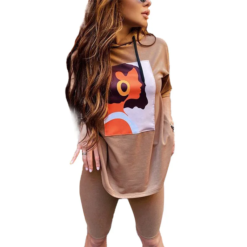 

Autumn Hot Selling Printed Hoodie Hooded Printed Top and Knee Length Tight Pants Two Piece Suit Women Set