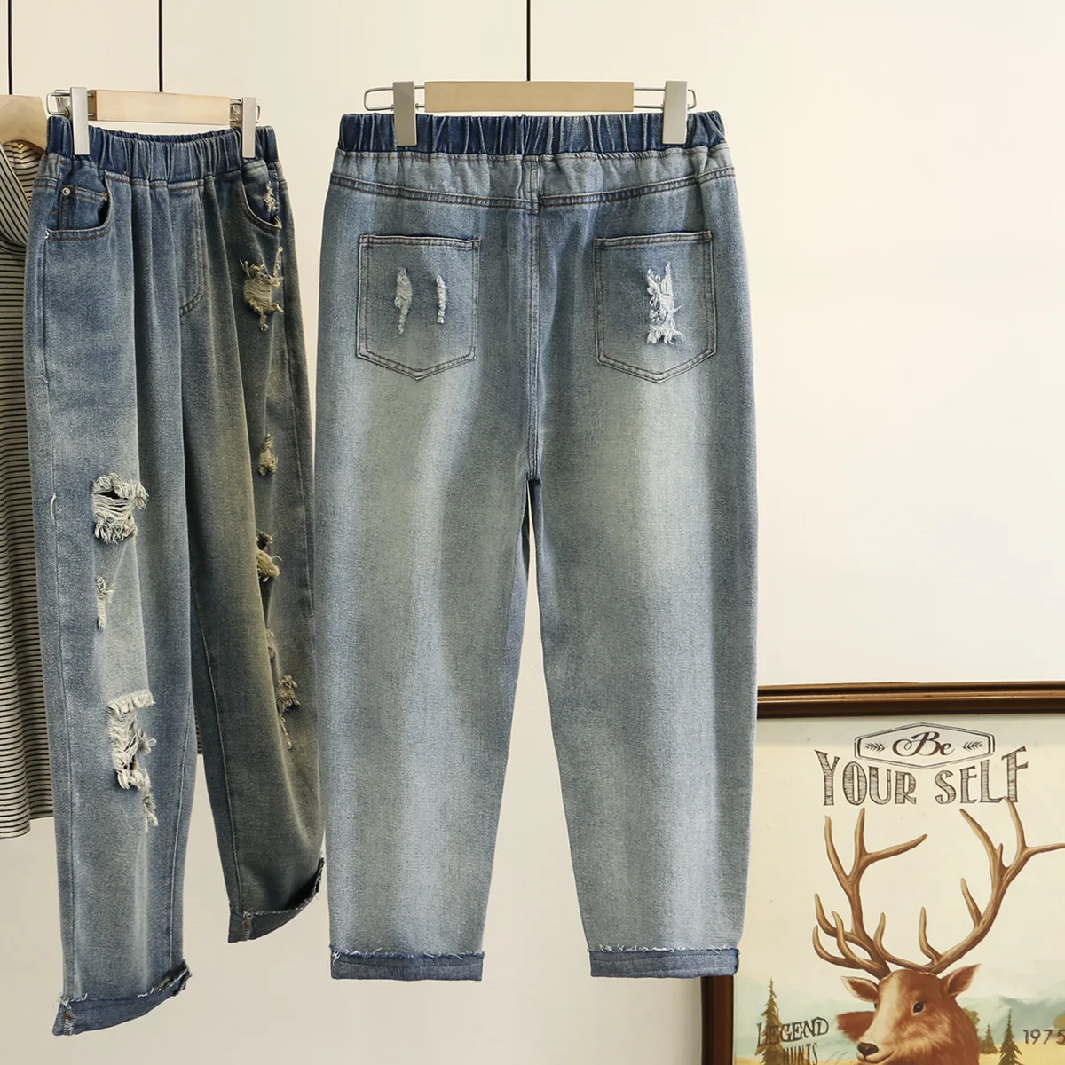Женские весенние джинсы дамские шаровары женские рваные джинсовые брюки размера