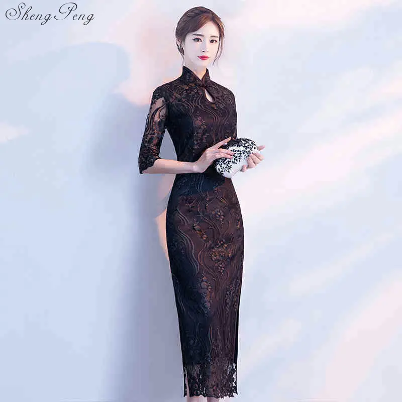 Модное черное элегантное платье Ципао женские кружевные платья китайские