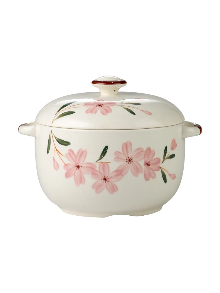 

Hand-painted Cherry Ceramic Stew Soup Pot With Spoon Lid Poached Dessert Bowl Egg Steamer Tank