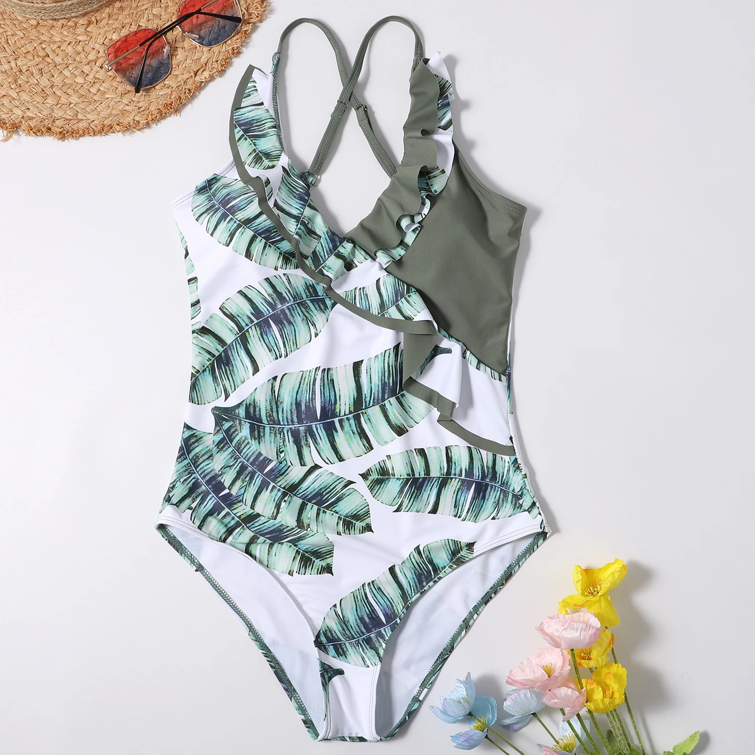 

2021 Sexy Vintage Ruffles Bandage Print Patchwork Push Up Female Swimwear One Piece Swimsuit Beach Wear Bathing Suit Monokini