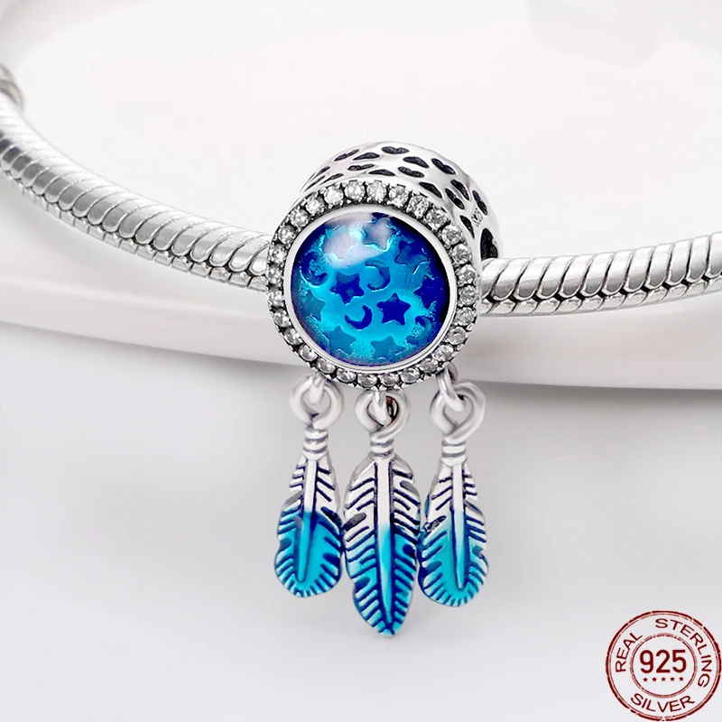 

NEW 100% 925 Sterling Silver Beautiful Blue Dream Catcher Charms Beads Fit Original Pandora Bracelet&Bangle Making DIY Jewelry