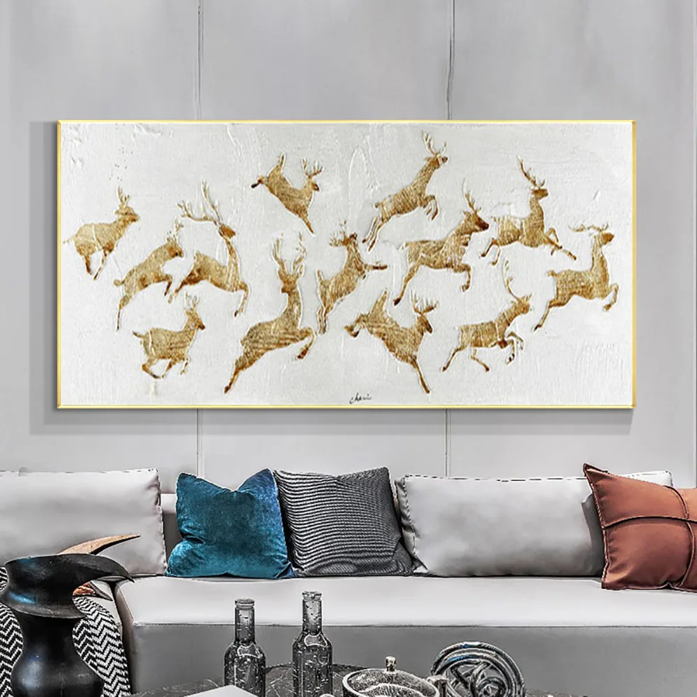 

Modern home decoration painting hand-painted oil painting animal abstract reindeer golden wall art living room office mural art