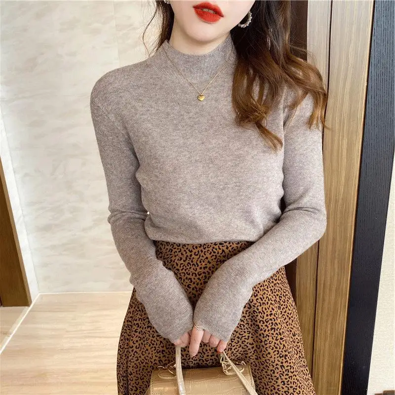 

Women Clothing Spring Autumn Half Turtleneck Knit All Match Slim Base Shirt Long Sleeve Solid Color Y2k Fashion Commuter Sweater