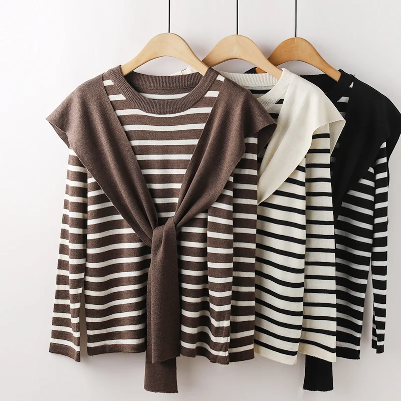 

Женский вязаный свитер в полоску с имитацией 2 предметов, новинка зимы 2021, Свободные повседневные Универсальные женские топы с длинными рук...