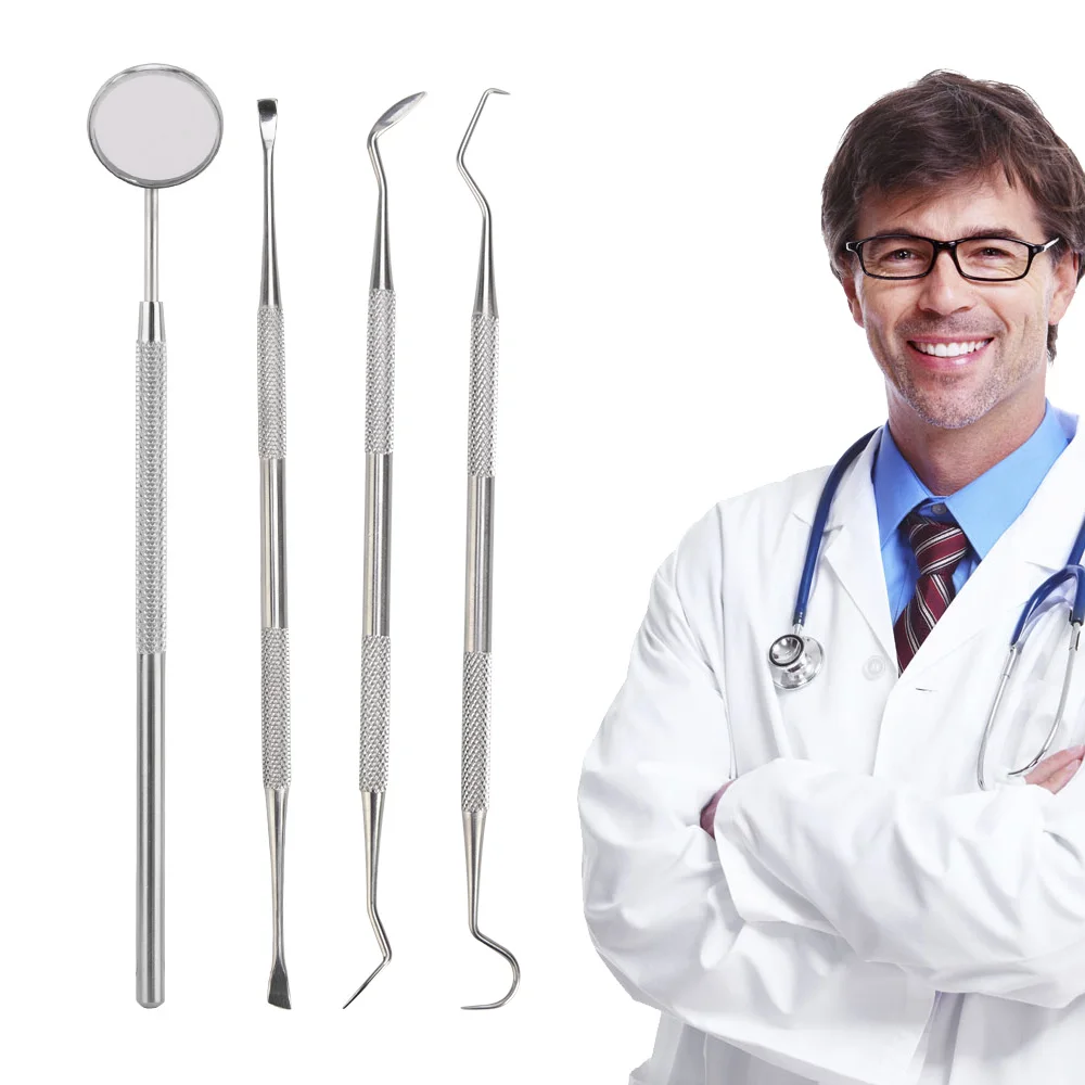 

4Pcs Mouth Mirror Dental Kit Tooth Cleaning Kit Probe Hook Pick Tweezer Set Instrument Dental Pick Dentist Prepare Tool