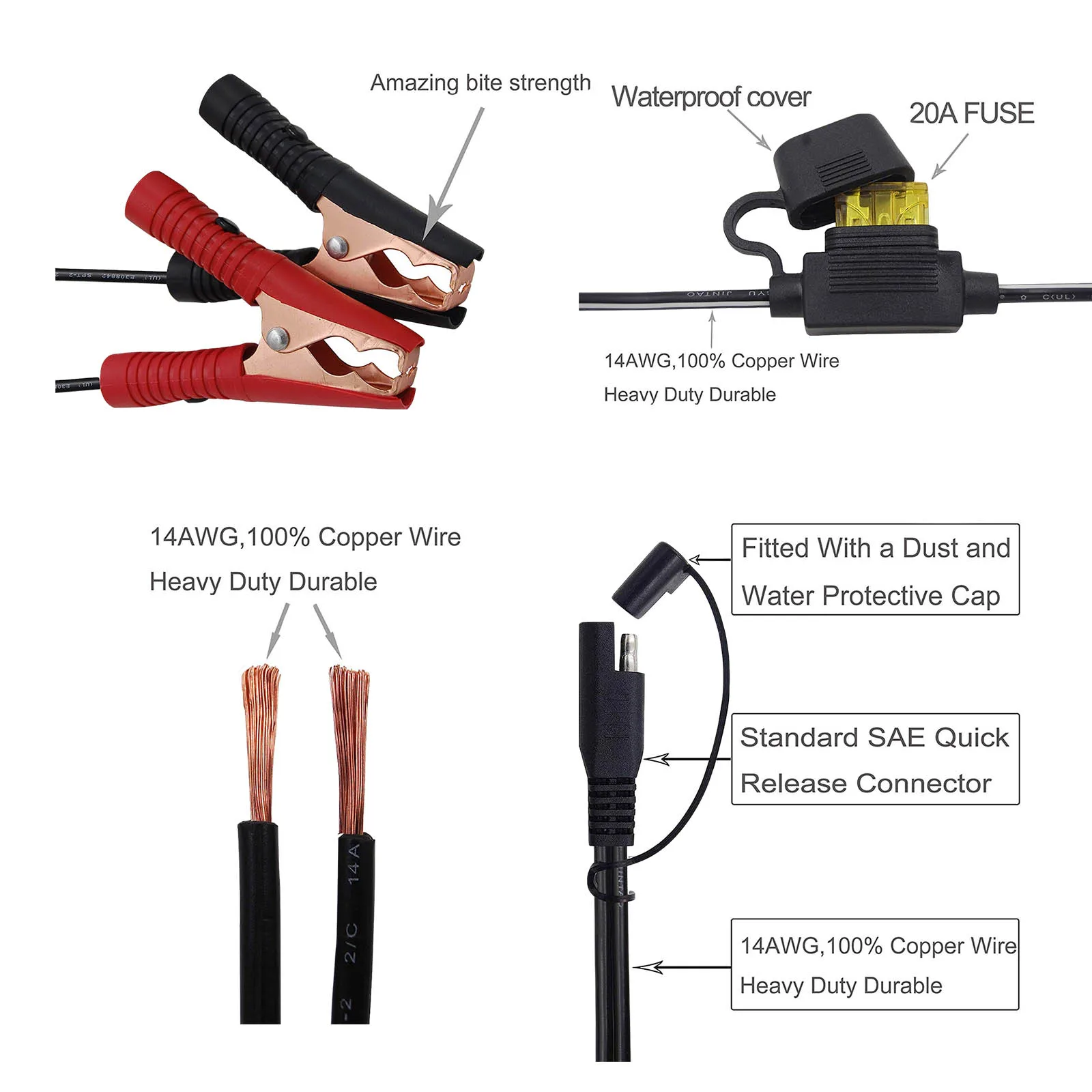 1m 14AWG Battery Alligator Crocodile Clip Clips to SAE Quick Release With Fuse Connector Adapter Quick Disconnect Cable 12V images - 6