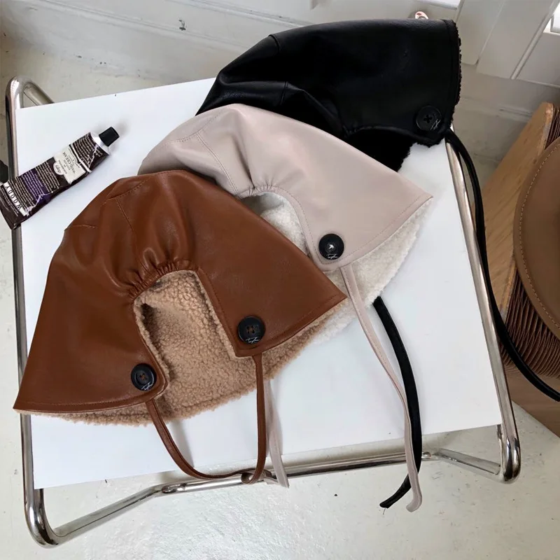 Spring Autumn Bucket Hat Faux Leather Bucket Hats PU Bucket Cap Fisherman Caps
