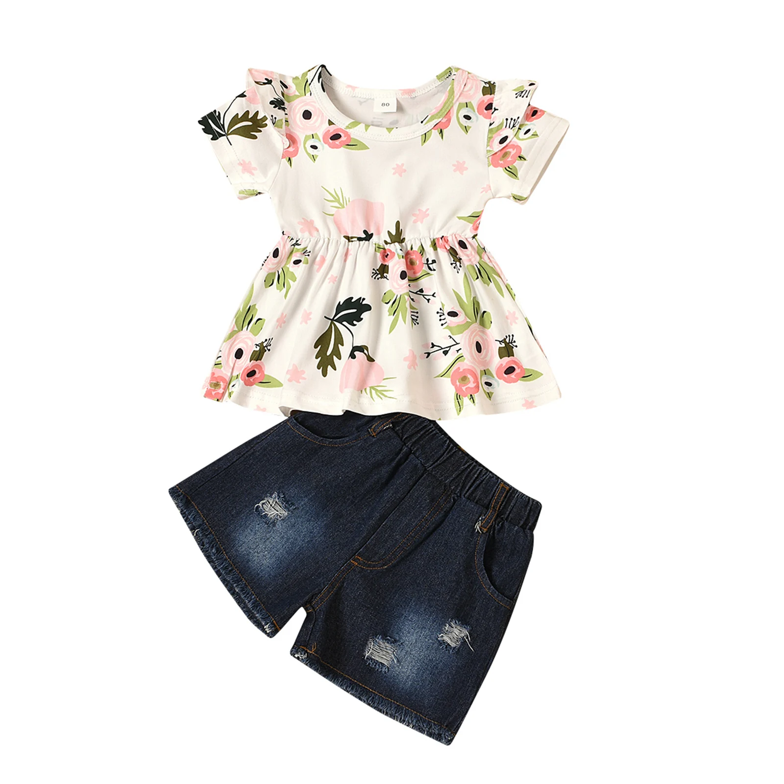 

OPPERIAYA Kids Baby Girls 2-piece Summer casual Outfit Set Short Sleeve Floral Print Pineapple Print Tops Hole Denim Shorts Set