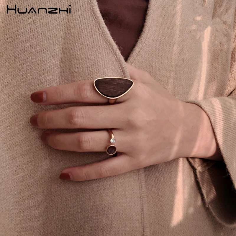 Винтажные деревянные геометрические Открытые Кольца HUANZHI 2019 с неровным