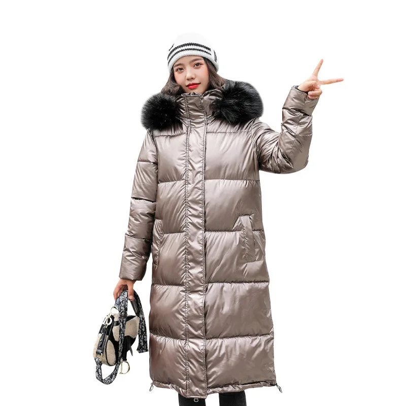 

Winter Down Jackets Warm Glossy Women Warm Light Long Cotton Coats Big Fur Hooded Fashion Parka Chaqueta Mujer