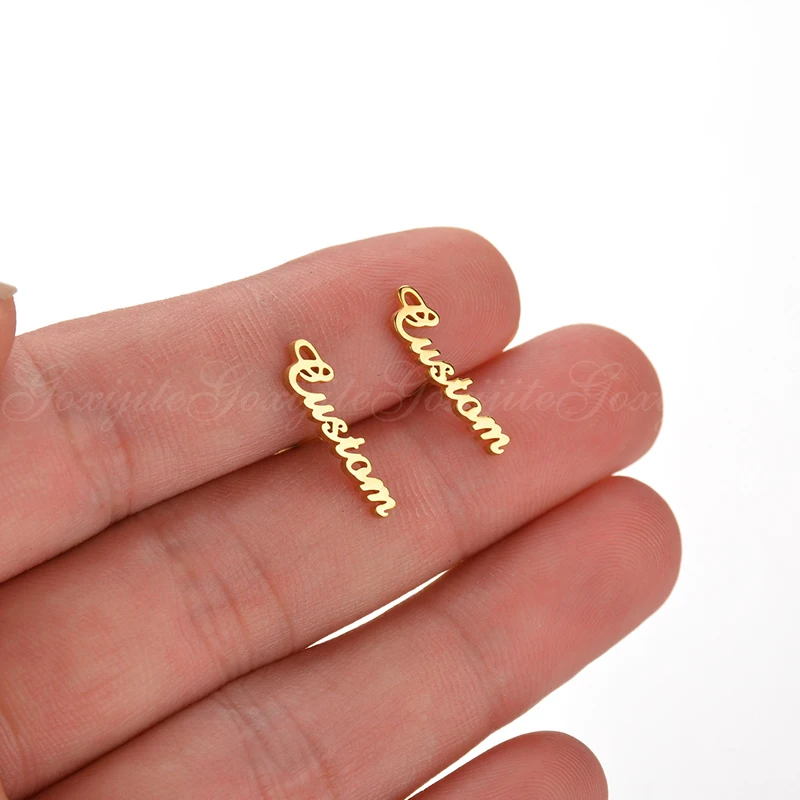 

Goxijite Personalized Name Earring For Women Stainless Steel Custom Gold Cursive Font Nameplate Stud Earring Friend Jewelry Gift