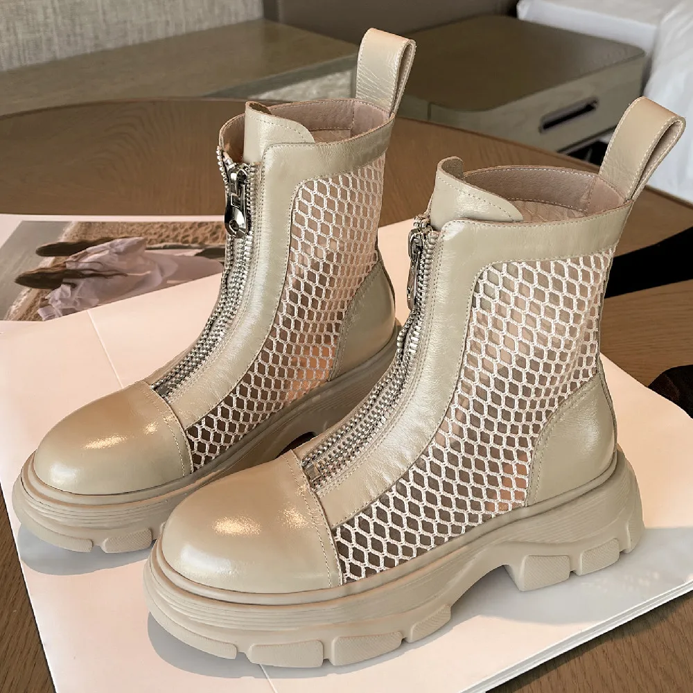 

Женские ботильоны из натуральной кожи, сетчатые, на толстой подошве, в стиле панк, летние, повседневные, с молнией спереди