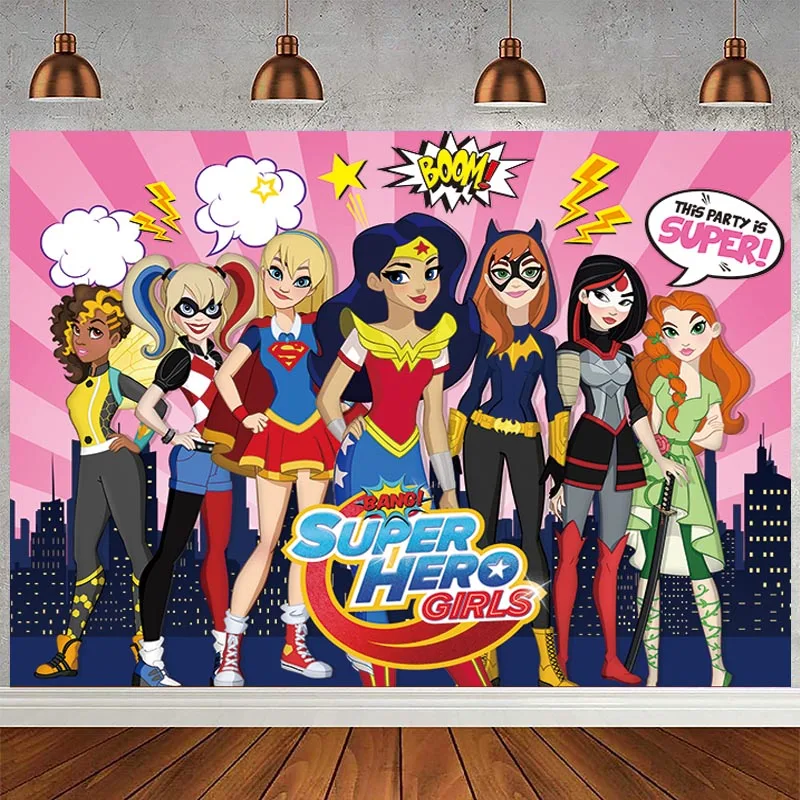 

Super Hero Girls Backdrop City Building Kids Birthday Party Custom Photo Background Baby Shower Photocall Prop Decoration Banner