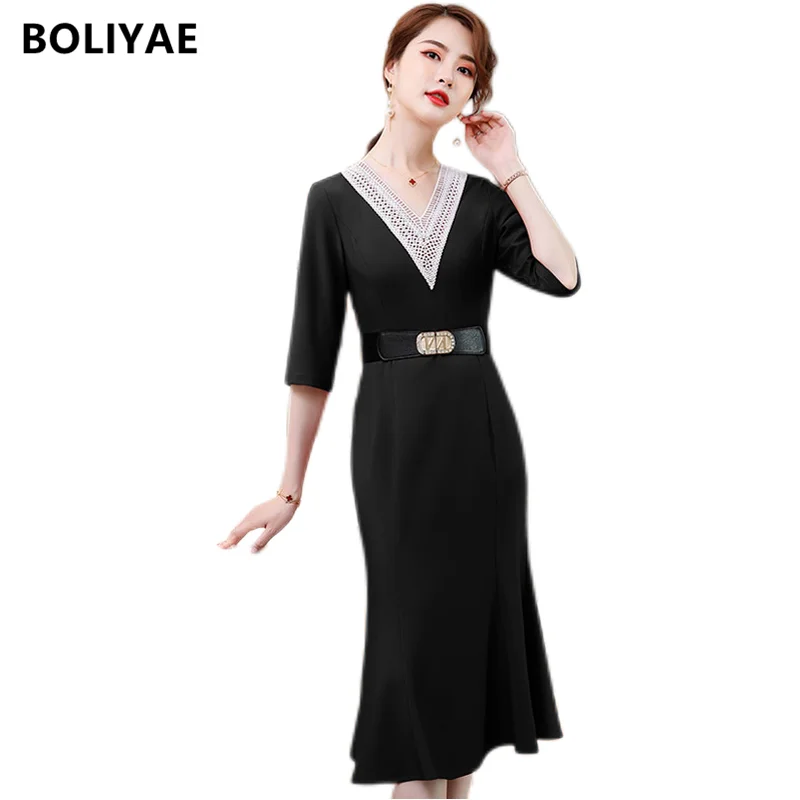 

Boliyae Women Summer Elegant Dress Black V-Neck Female Office Lady Robe Femme Vintage Designer High Quality Long Party Vestido