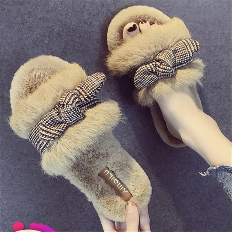 

Fur slippers women wearing plush autumn and winter fashion indoor cute winter rabbit fur thick bottom home cotton trailer