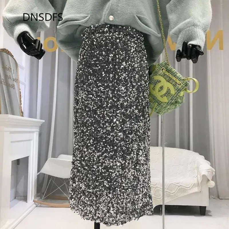 

Sequined Skirt Women Solid Color Office Lady Pencil Skirts High Waisted Mid Calf Mid-calf Skirt Skinny Fashion Korean Clothing