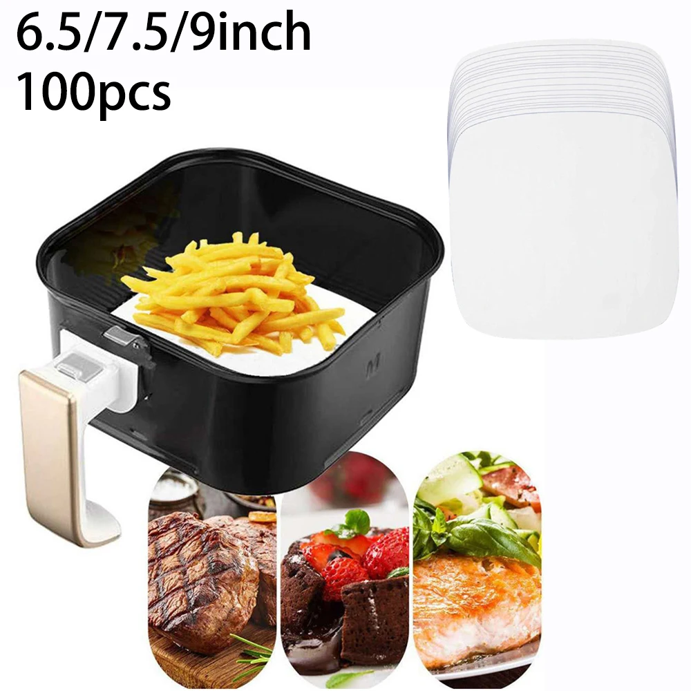 

100pcs 6.5/7.5/9 Inch Air Fryer Liner Baking Paper Oven Steamer Non-stick Square Paper Wood Pulp Baking Paper Kitchen Bakeware