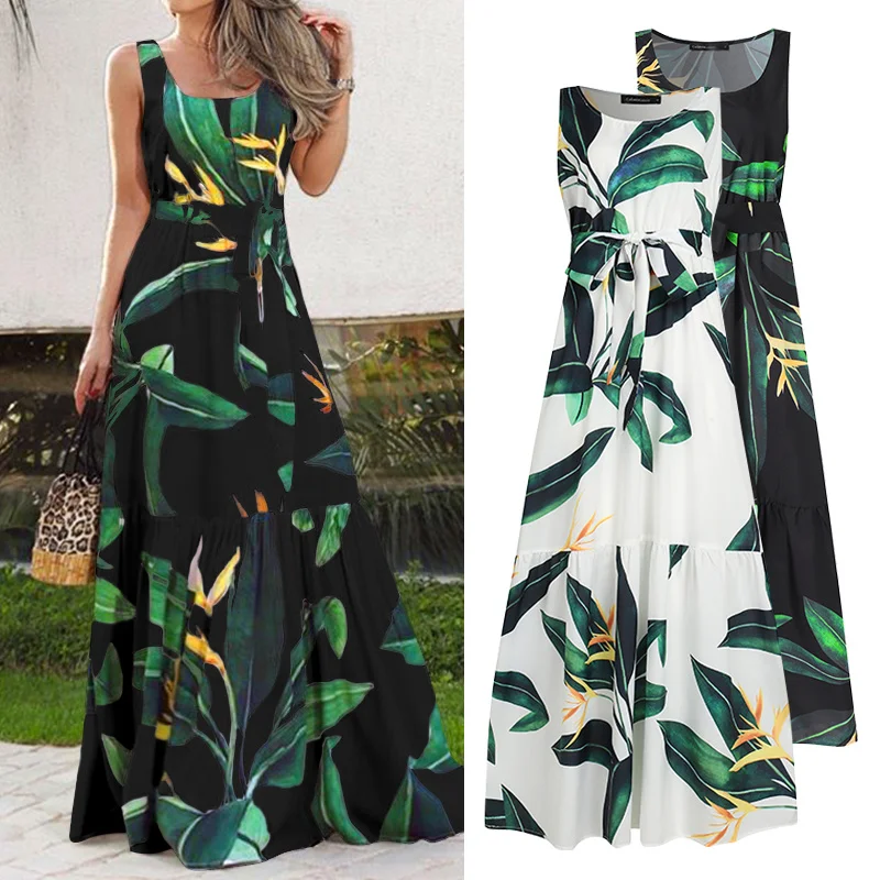 

2021 Bohemian Beach Dress Women Summer Sundress Sexy Sleeveless Vintage Floral Print Casual Ruffles Party Belted Vestido