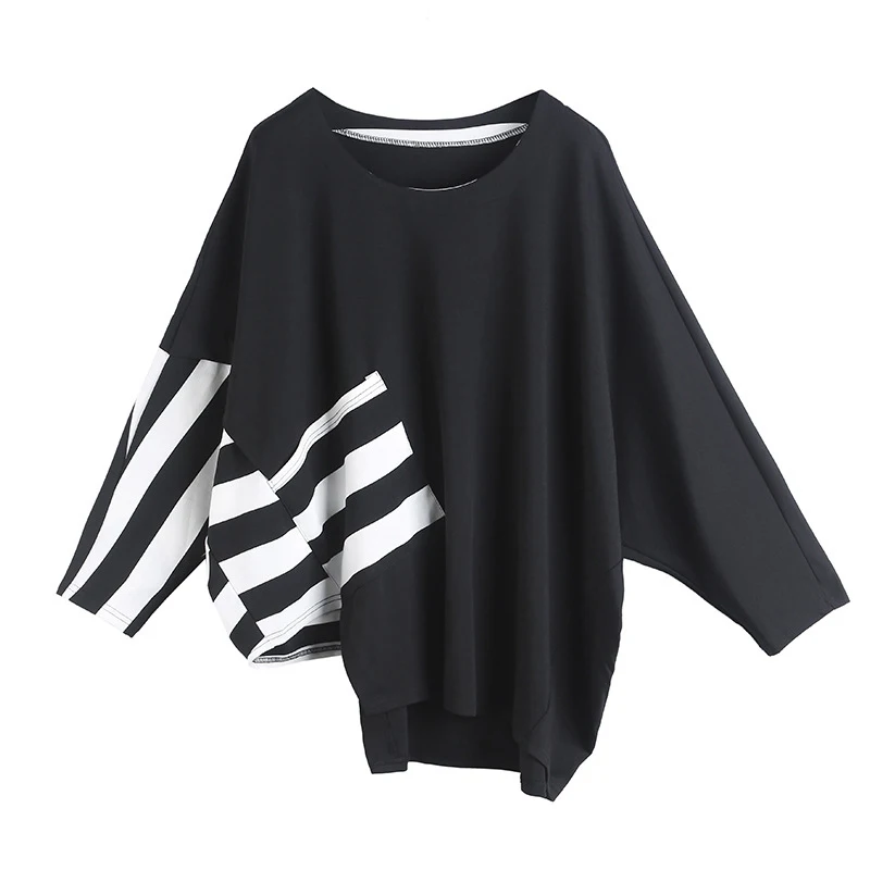 

[EAM] Women Black Striped Split Joint Big Size T-shirt New Round Neck Long Sleeve Fashion Tide Spring Autumn 2021 1Z205